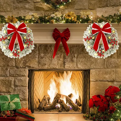 PE Christmas Wreath With LED Lights Flocked Pine Branches Pine Cones Red Berries Velvet Bow Festive Door Window Hanging Decoration