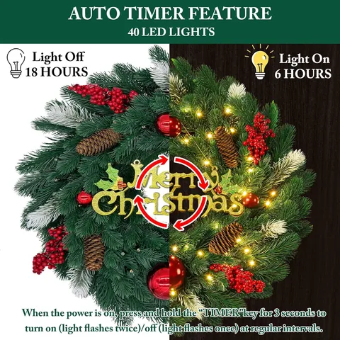 Artificial Christmas Wreath With LED Lights Remote Control Pine Cones Red Berries Merry Christmas Sign Front Door Window Hanging Decoration Holiday Party Home Decor