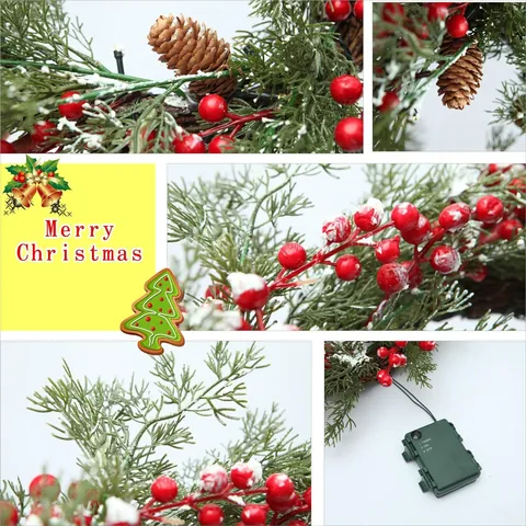 Artificial Christmas Wreath With LED Lights Snow Flocked Pine Cones Red Berries Front Door Window Holiday Hanging Decor