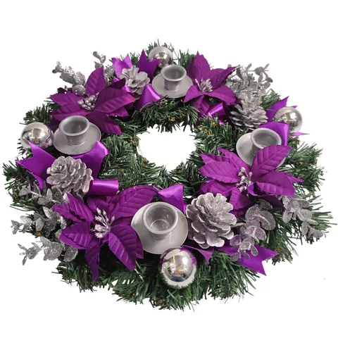 Weihnachts Adventskranz Mit 4 Kerzenhaltern Lila Weihnachtsstern Silber Kiefernzapfen Satin Schleife Weihnachtsguirlande Dekor