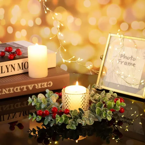 Weihnachts-Kerzenring-Kranz Mit Roten Beeren Frostigen Eukalyptusblättern Glashalter LED Teelicht Tischdekoration Feiertagsdeko