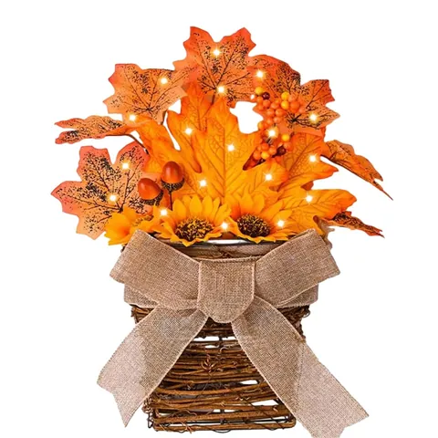 Fall Wreath Decor LED Sunflower Maple Leaf Berry Basket Thanksgiving Harvest Front Door Hanging Ornament Burlap Bow Home Decor