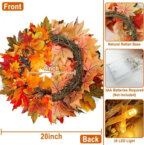 Guirnalda de Hojas de Arce de Otoño Con Luces LED Cálidas Simulación Calabaza Piñas Bayas Puerta Principal Decoración Acción Gracias