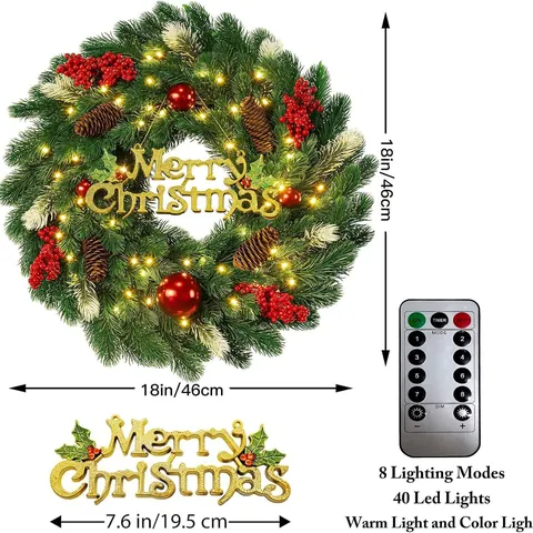 Artificial Christmas Wreath With LED Lights Remote Control Pine Cones Red Berries Merry Christmas Sign Front Door Window Hanging Decoration Holiday Party Home Decor