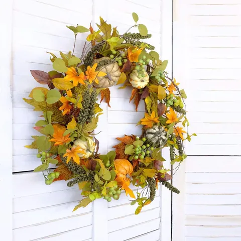 Autumn Harvest Wreath With Pumpkins Maple Leaves Green Berries For Front Door Thanksgiving Halloween Wall Home Decor