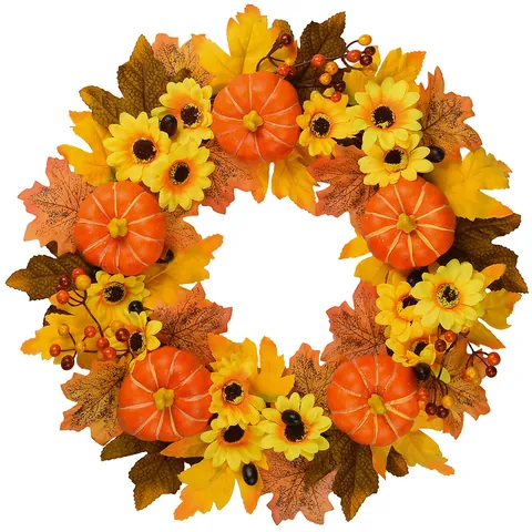 Autumn Harvest Wreath Artificial Sunflower Pumpkin Maple Leaf Berry Pine Cone For Front Door Thanksgiving Halloween Wall Decor
