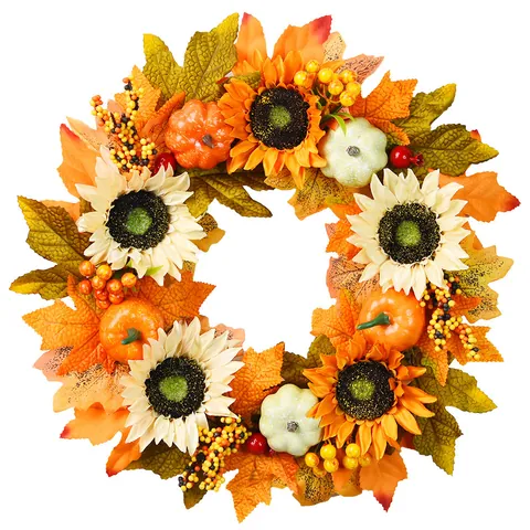 Autumn Harvest Wreath Sunflowers Pumpkins Maple Leaves Berries Artificial Fall Wreath Halloween Thanksgiving Door Decoration