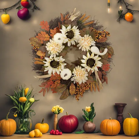 Ghirlanda Zucca Bianca Autunnale Girasole Foglia Acero Artificiale Decorazione Porta Raccolto Ringraziamento Fatta A Mano