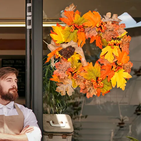 Couronne de Feuilles d'Érable d'Automne Action de Grâce Avec Baies Cosse de Lotus Nœud Rotin Décor de Porte Maison