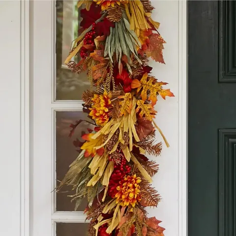 Autumn Harvest Wreath With Artificial Maple Leaves Berries Flowers For Front Door Wall Thanksgiving Seasonal Home Decoration