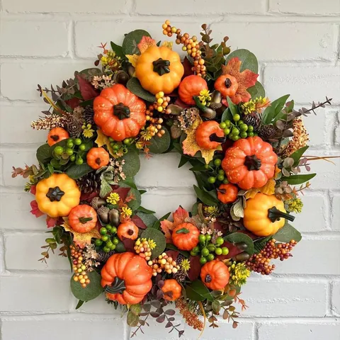 Artificial Pumpkin Wreath Autumn Harvest Thanksgiving Halloween Door Hanging Decoration With Maple Leaves Pine Cones Berries