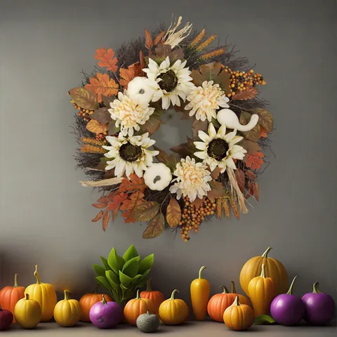 Autumn Harvest Thanksgiving Wreath White Pumpkin Sunflower Maple Leaf Floral Front Door Hanging Decoration For Festive Home Party Wall Decor