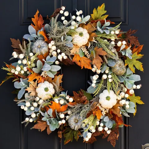 Ghirlanda Autunnale Artificiale Per Porta D'ingresso Con Zucche Bianche Foglie Di Acero Smerigliate Bacche Bianche Ringraziamento Halloween Decorazioni