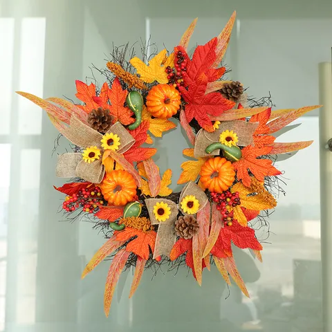 Fall Thanksgiving Wreath Artificial Maple Leaves Pumpkins Pinecones Sunflower Burlap Bow For Front Door Wall Autumn Harvest Decoration