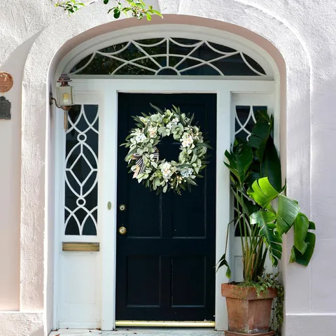 Artificial Lambs Ear Wreath With Silk Flowers And Striped Bow Farmhouse Greenery Front Door Wall Hanging Decor
