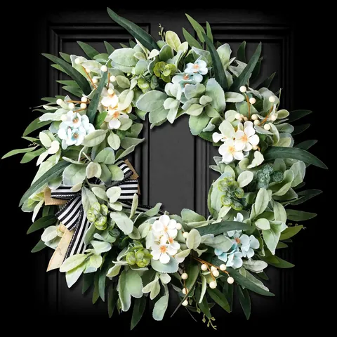 Artificial Lambs Ear Wreath With Silk Flowers And Striped Bow Farmhouse Greenery Front Door Wall Hanging Decor