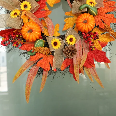 Fall Thanksgiving Wreath Artificial Maple Leaves Pumpkins Pinecones Sunflower Burlap Bow For Front Door Wall Autumn Harvest Decoration