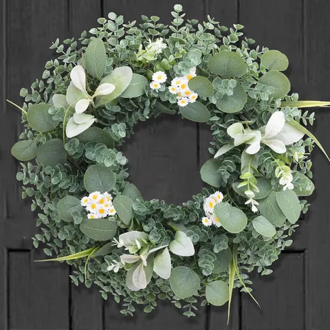 Artificial Eucalyptus Wreath With White Daisies And Green Leaves For Front Door Home Decoration Farmhouse Style Wreath