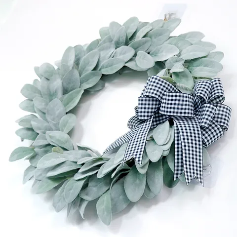 Artificial Lamb's Ear Wreath Gingham Bow Sage Green Flocked Decorative Garland For Front Door Wall Home Decor