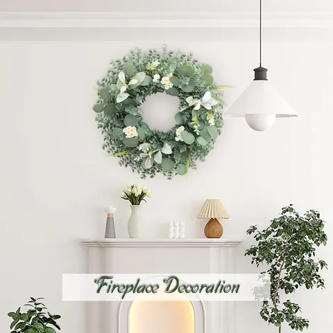 Artificial Eucalyptus Wreath With White Daisies And Green Leaves For Front Door Home Decoration Farmhouse Style Wreath