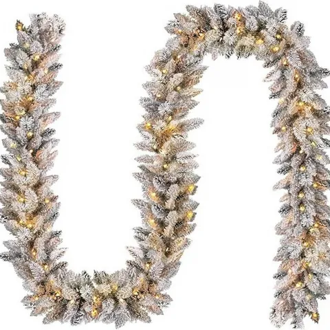 Flocked Christmas Garland With Warm White LED Lights Frosted Snowy PVC Pine Needle Garland For Fireplace Mantle Stairs Decoration