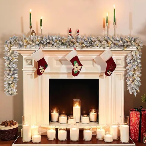Flocked Christmas Garland With Warm White LED Lights Frosted Snowy PVC Pine Needle Garland For Fireplace Mantle Stairs Decoration