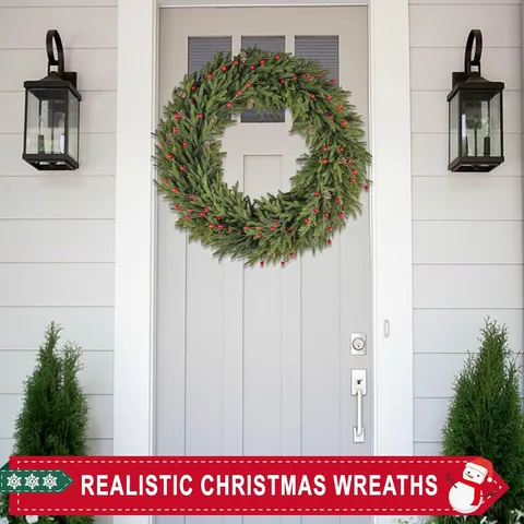 Large Realistic Christmas Wreath With Pine Cones And Red Berries Artificial Greenery Garland For Front Door Wall Window Decor