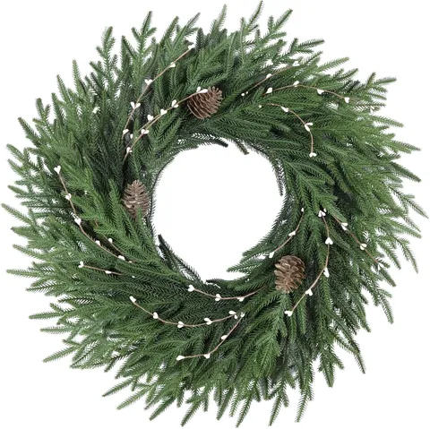 Artificial Norfolk Pine Christmas Wreath With Natural Pinecones Red White Berries For Front Door Home Holiday Wall Decor