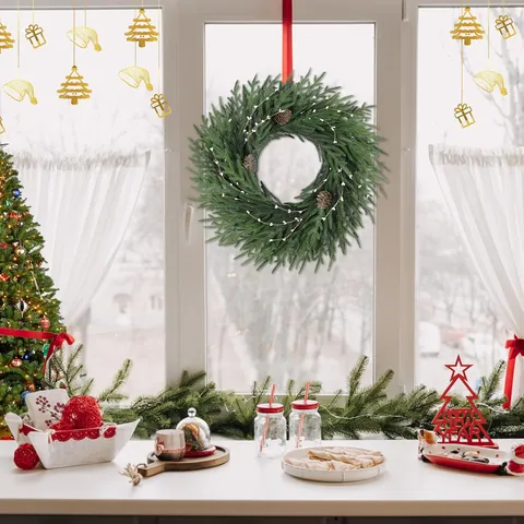 Artificial Norfolk Pine Christmas Wreath With Natural Pinecones Red White Berries For Front Door Home Holiday Wall Decor