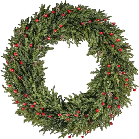 Large Realistic Christmas Wreath With Pine Cones And Red Berries Artificial Greenery Garland For Front Door Wall Window Decor