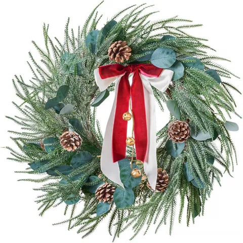Artificial Christmas Wreath With Pine Needles Eucalyptus Leaves Velvet Bow Golden Bells Natural Pine Cones Holiday Front Door Wall Decoration
