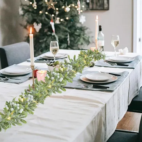 Pre-Lit Christmas Garland With Snow Flocked Green Leaves White Berries Battery Operated Warm LED Lights For Holiday Decor