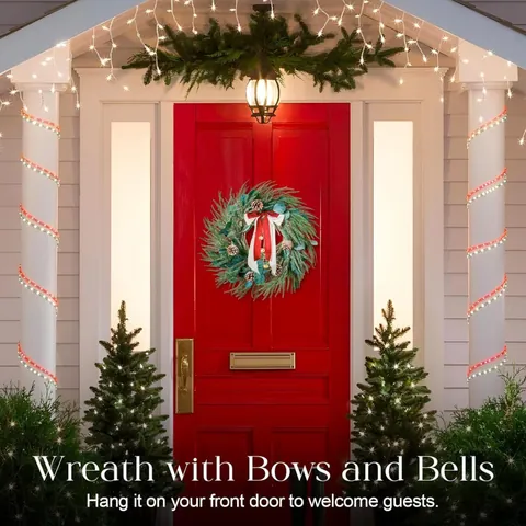 Artificial Christmas Wreath With Pine Needles Eucalyptus Leaves Velvet Bow Golden Bells Natural Pine Cones Holiday Front Door Wall Decoration