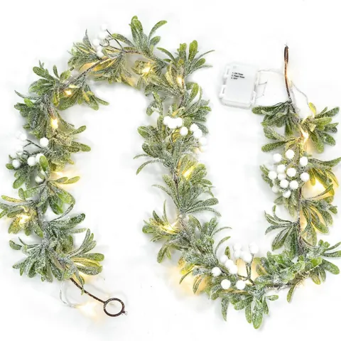 Pre-Lit Christmas Garland With Snow Flocked Green Leaves White Berries Battery Operated Warm LED Lights For Holiday Decor