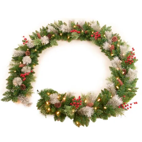 Pre-lit Christmas Garland Rattan With LED Lights Pine Cones Red Berries Snow Flocked Pine Needles For Holiday Home Decor