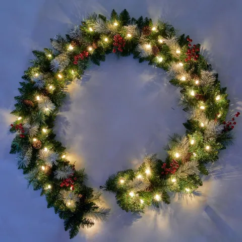 Pre-lit Christmas Garland Rattan With LED Lights Pine Cones Red Berries Snow Flocked Pine Needles For Holiday Home Decor