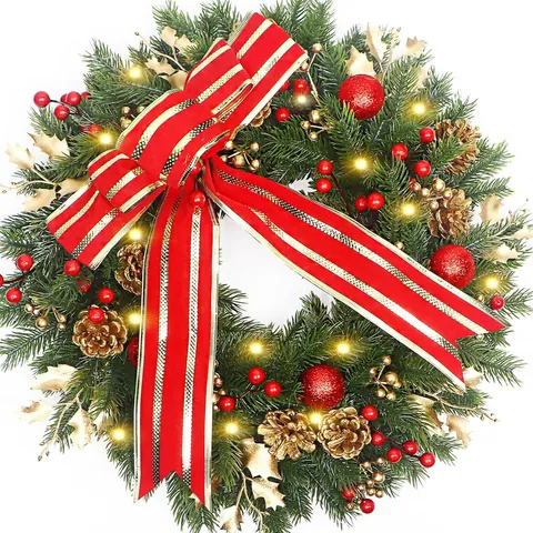 Guirnalda De Navidad Artificial Con Luces LED Lazo De Satén Rojo Piñas Doradas Bayas Decoración Para Puerta Hogar