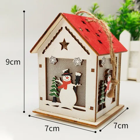 LED Glowing Christmas Wooden House Ornament With Hanging Rope Santa Snowman Elk Pattern Paulownia Wood Holiday Decoration