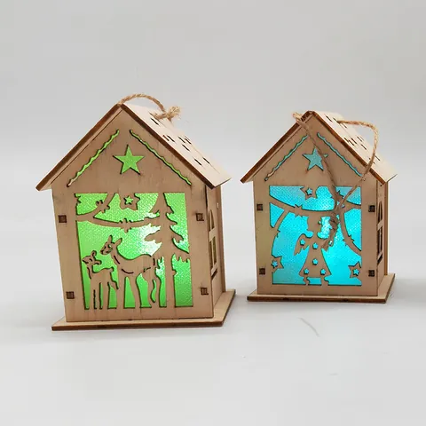 Christmas Glowing Wood House Hanging Ornament LED Light Paulownia Wood Snowman Elk Design Holiday Home Decoration