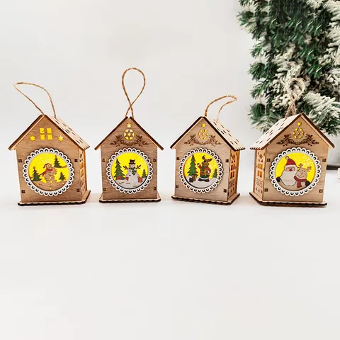 Wooden Christmas Glowing House LED Light Up Ornament Santa Snowman Elk Pattern Hanging Xmas Tree Decoration Home Decor