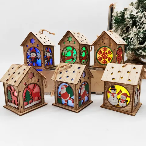 Luminous Wooden Christmas House Ornaments LED Light Up Hanging Decoration For Xmas Tree Home Party Decor Santa Elk Snowman Paulownia Wood Craft