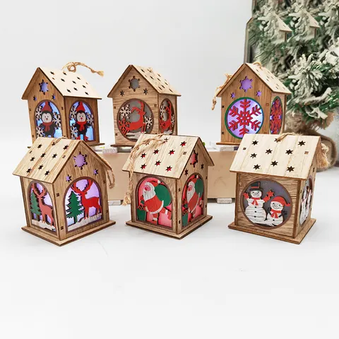 Luminous Wooden Christmas House Ornaments LED Light Up Hanging Decoration For Xmas Tree Home Party Decor Santa Elk Snowman Paulownia Wood Craft