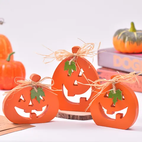 Halloween Kürbis Deko aus Holz Hohl Geschnittenes Jack-O'-Lantern Mit Bastschleife Rustikale Herbst Party Tischdekoration