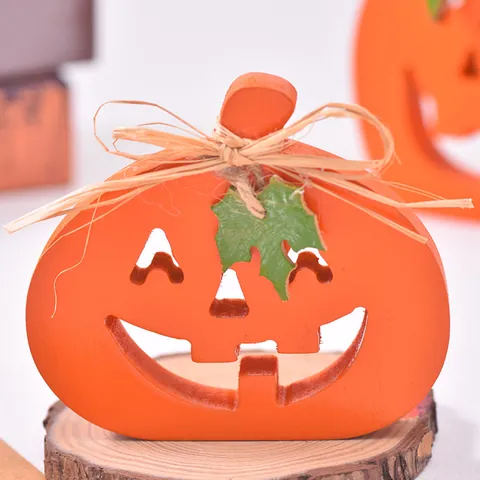 Halloween Kürbis Deko aus Holz Hohl Geschnittenes Jack-O'-Lantern Mit Bastschleife Rustikale Herbst Party Tischdekoration