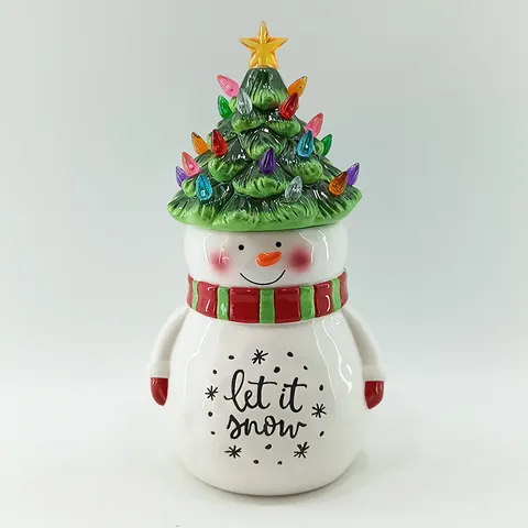 Christmas Snowman Resin Storage Jar With LED Tree Lid Let It Snow Airtight Holiday Cookie Canister Kitchen Decoration