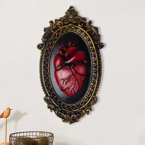 Gothic Anatomical Heart Resin Wall Decor Antique Gold Floral Frame Red Heart Statue Sculpture Ornament For Home Office Art
