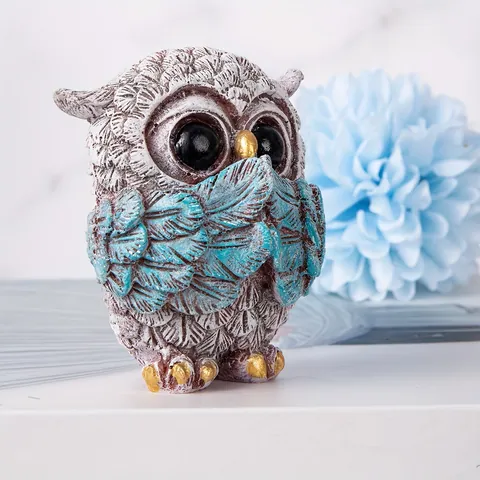 Harz Eule Figur Nicht Hören Sehen Sagen Tier Statuen Für Haus Büro Schreibtisch Deko See Blau Gold Akzente Kreative Eule Ornament