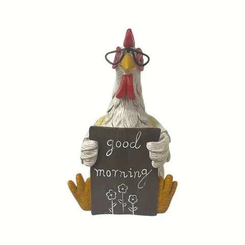 Schattig Hars Kip Figuur Creatieve Good Morning Haan Liggende Hen Met Bril Kunstparelketting Huis Bureau Decoratie Standbeeld Boerderij Cadeau