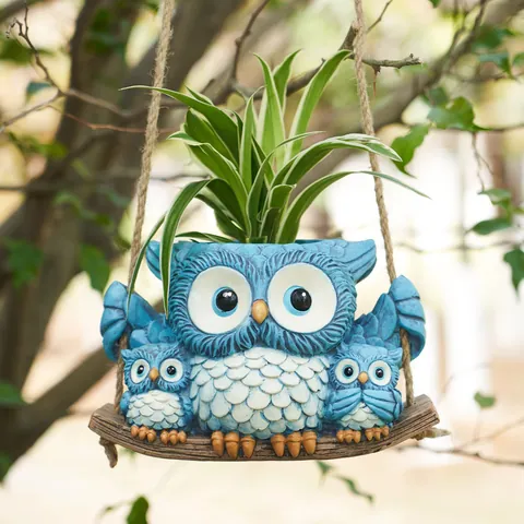 Resin Owl Family Hanging Planter Decorative Flower Pot For Succulents Garden Balcony Outdoor Indoor Decor Blue Owl Ornament