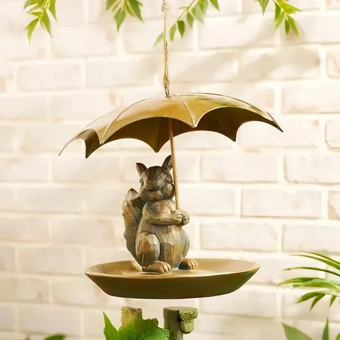 Tier Vogelhaus Mit Regenschirm Harz Antik Kupfer Finish Hängend Eichhörnchen Hund Katze Vogelfutter Schale Garten Deko